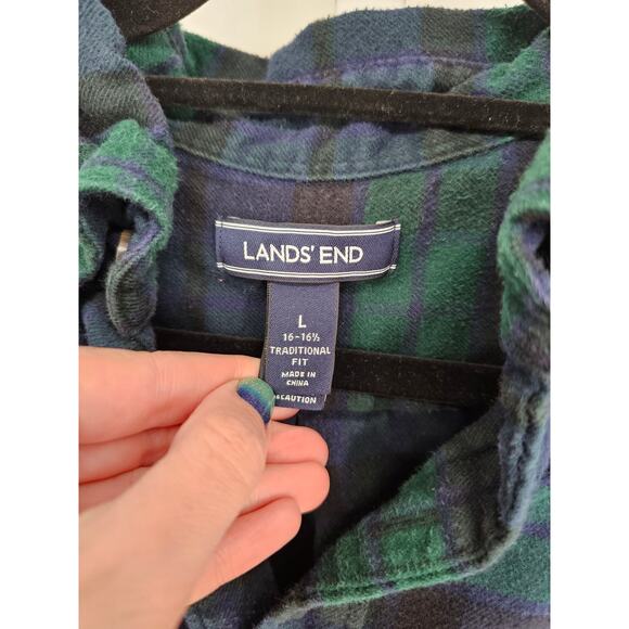 Lands End Mens Sz L Long Sleeve Button Up Flannel Shirt Blue Green Plaid - Picture 3 of 4